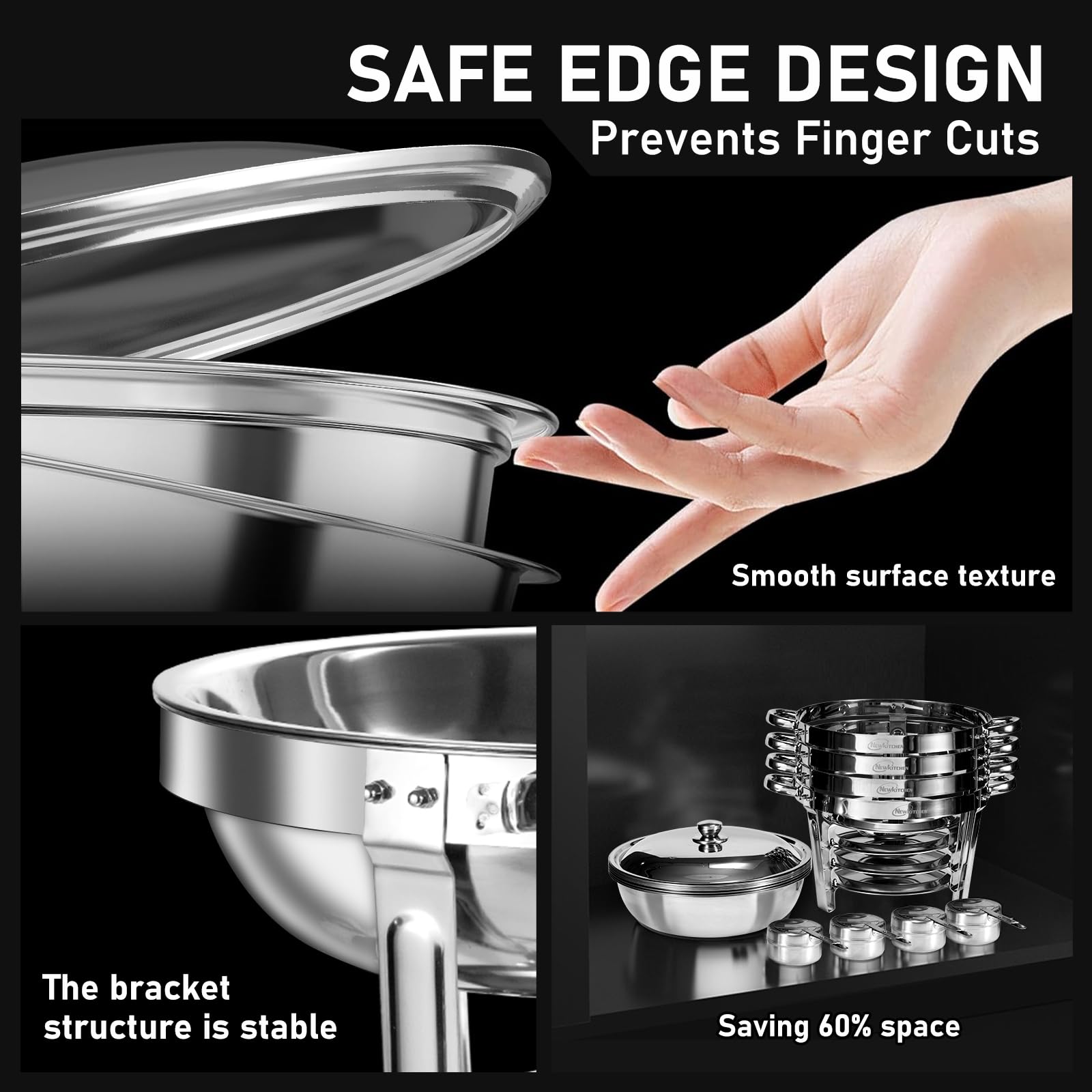 NEWKITCHEN stainless-steel rim close-up highlighting smooth rounded edge for safer handling