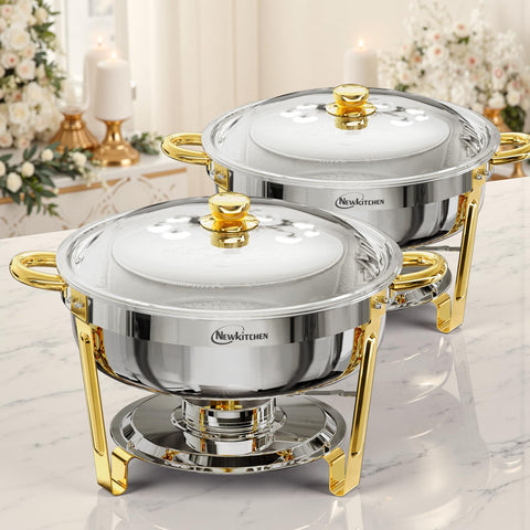 NEWKITCHEN front view of gold and silver chafing dishes showing elegant buffet display benefits