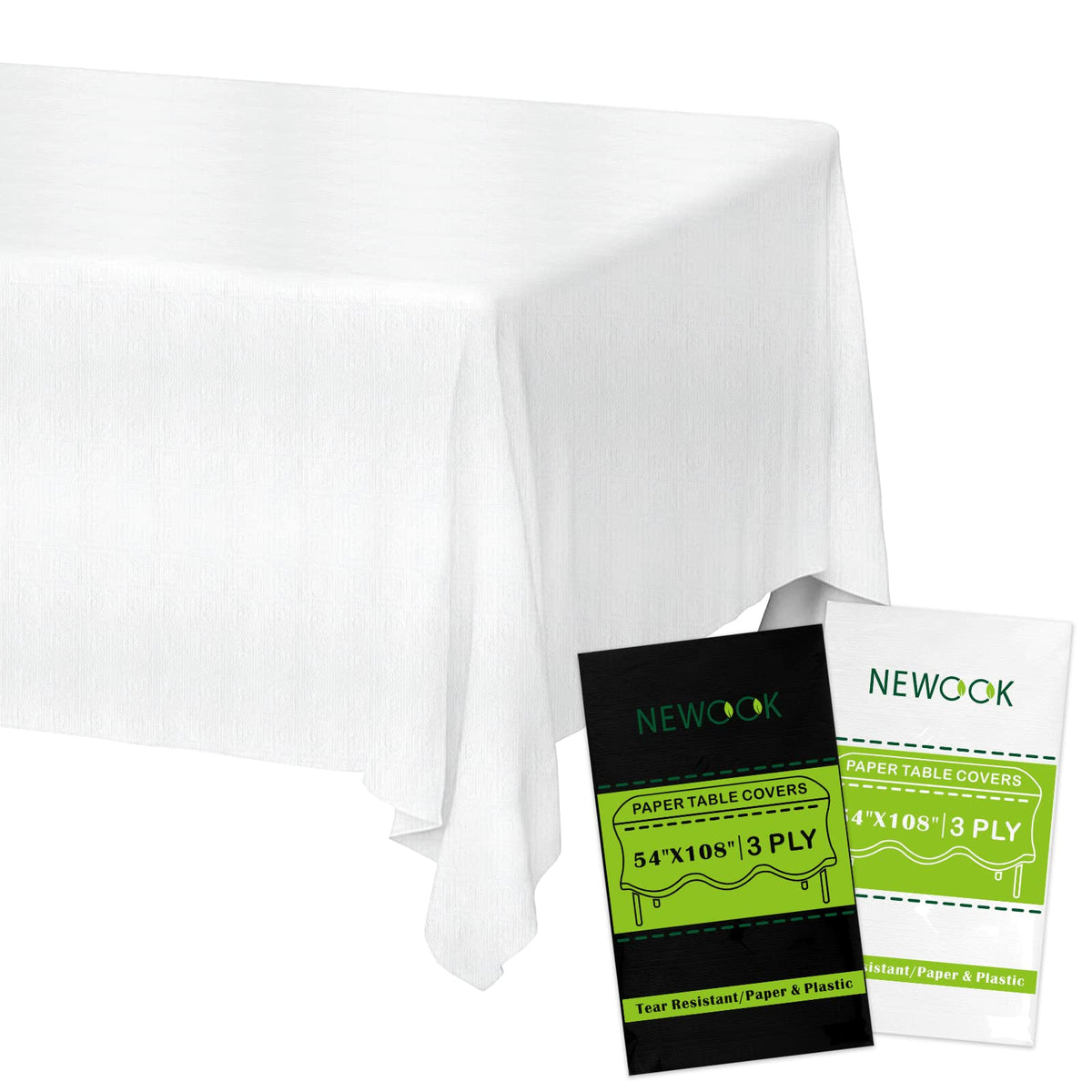 NEWOOK front pack of 12 white tablecloths showing count and size benefit