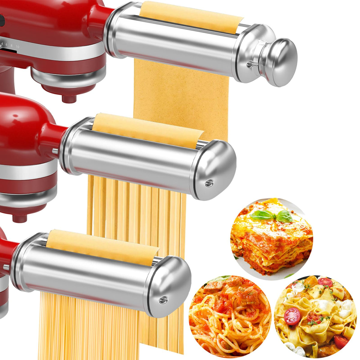 NEWSETS front view of three-piece pasta attachment set showing versatility and quality