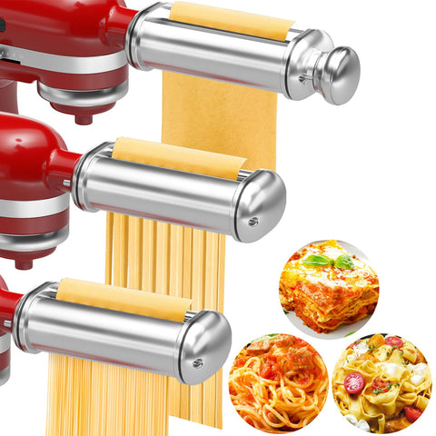 NEWSETS front view of three-piece pasta attachment set showing versatility and quality