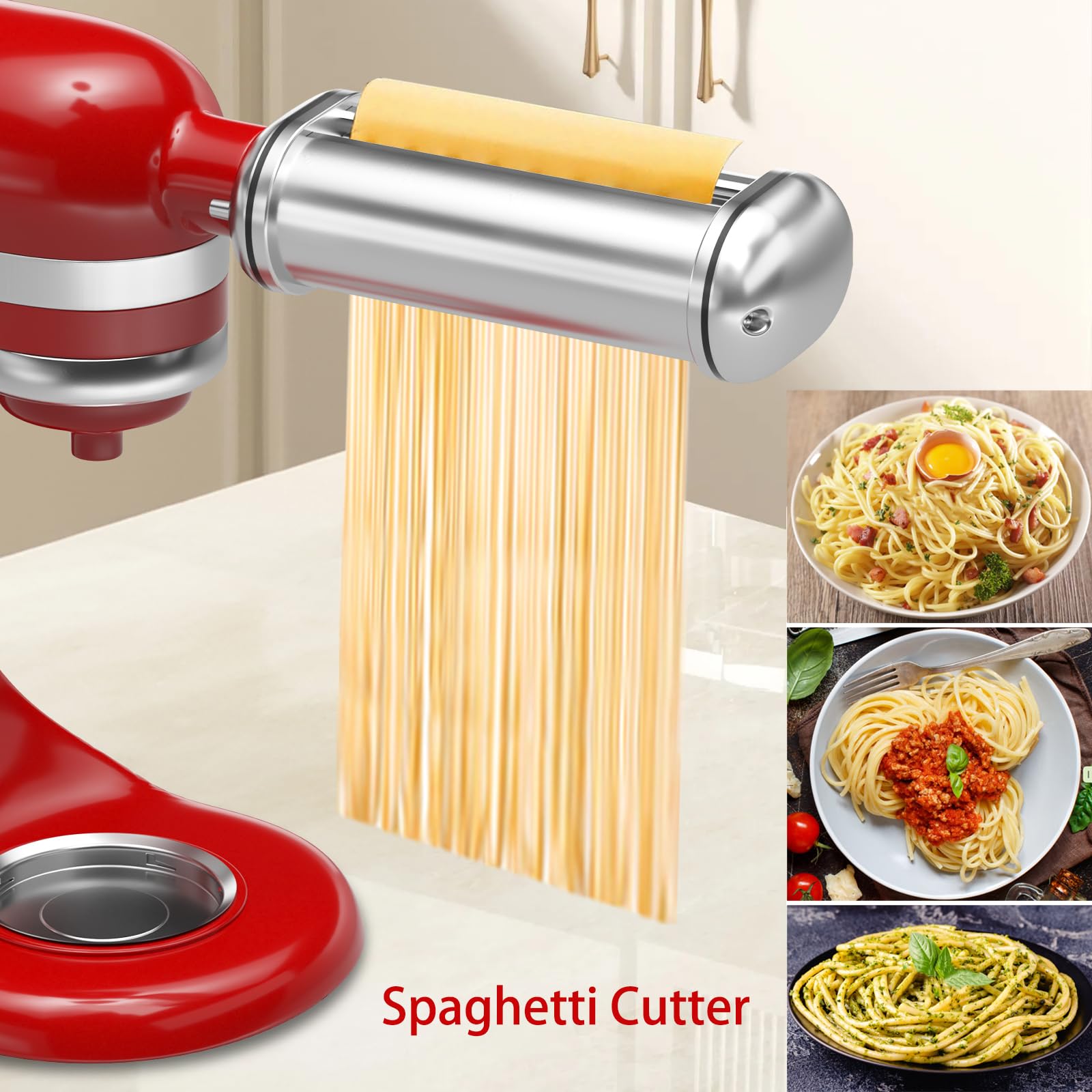NEWSETS mounted on a KitchenAid mixer showing hands-free pasta making convenience