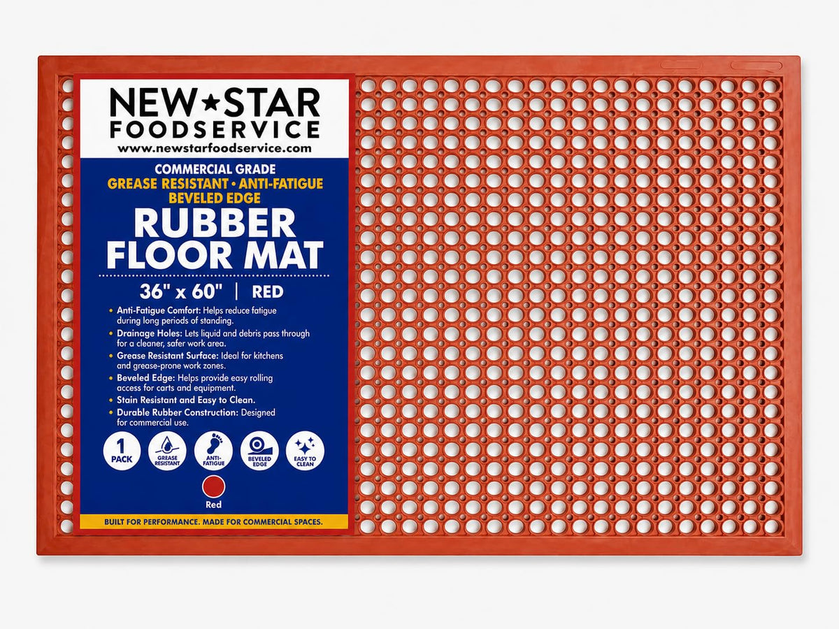 New Star Foodservice front view of red 36x60 mat showing full surface benefiting workspace safety