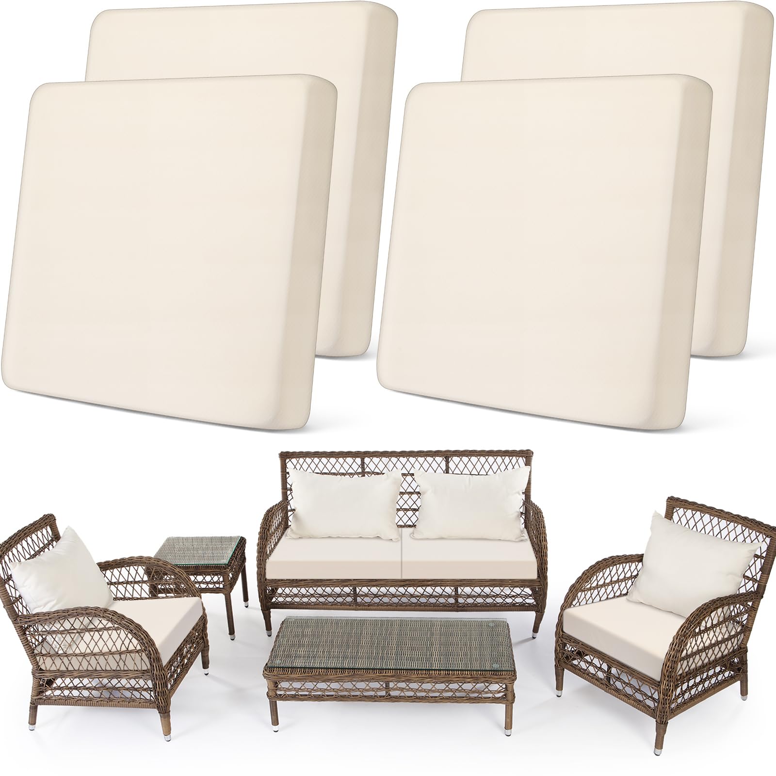 Newwiee front view of four beige covers showing a neat sofa refresh