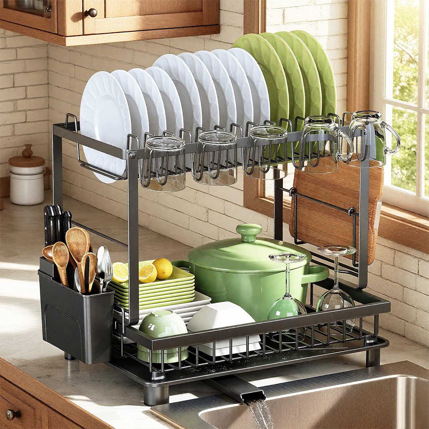 Nfnoyp front view full setup showing organized plates and utensils for compact drying