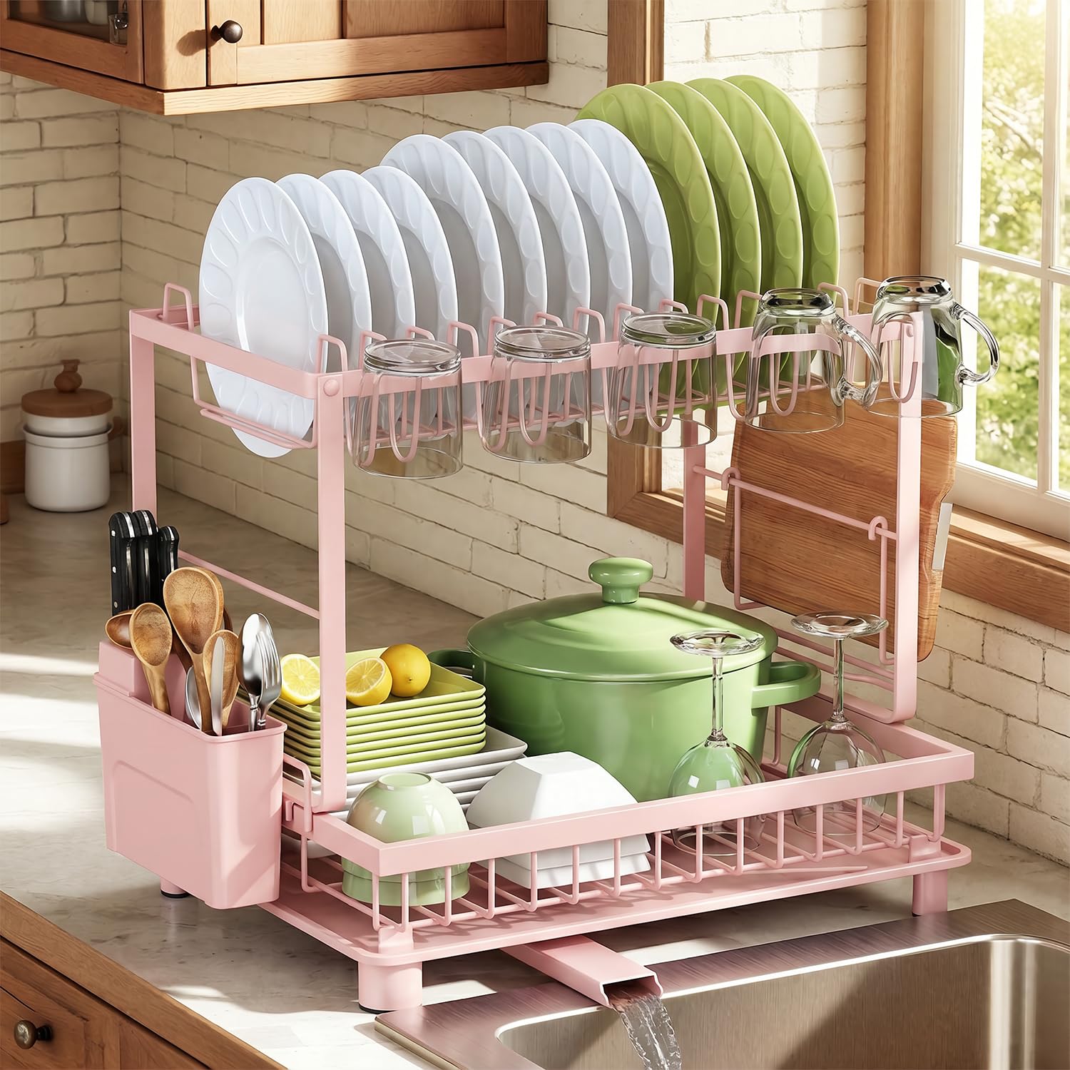 Nfnoyp front view pink dish rack showing compact organized storage benefit