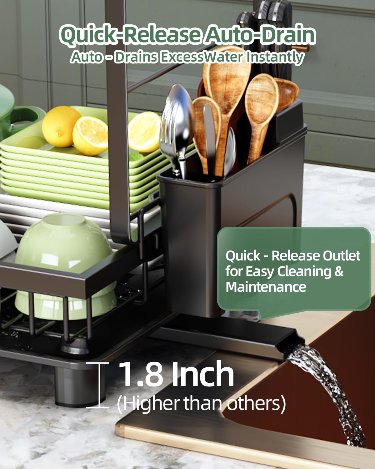 Nfnoyp side profile next to sink demonstrating space-saving two-tier organization