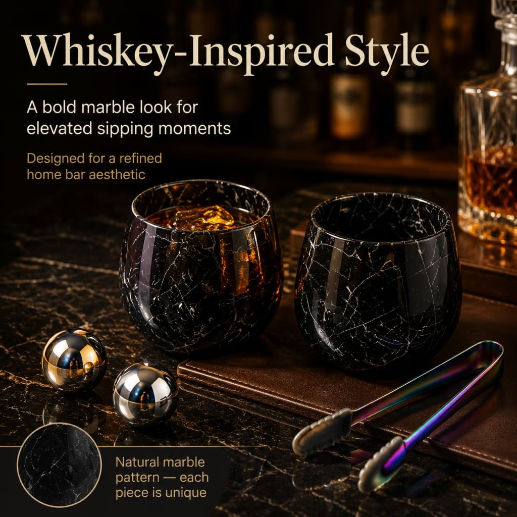 NHKRTE marble glasses in use with bourbon demonstrating chilled, undiluted sipping