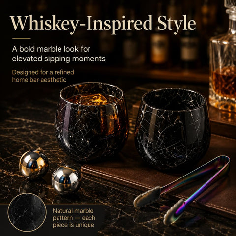 NHKRTE marble glasses in use with bourbon demonstrating chilled, undiluted sipping