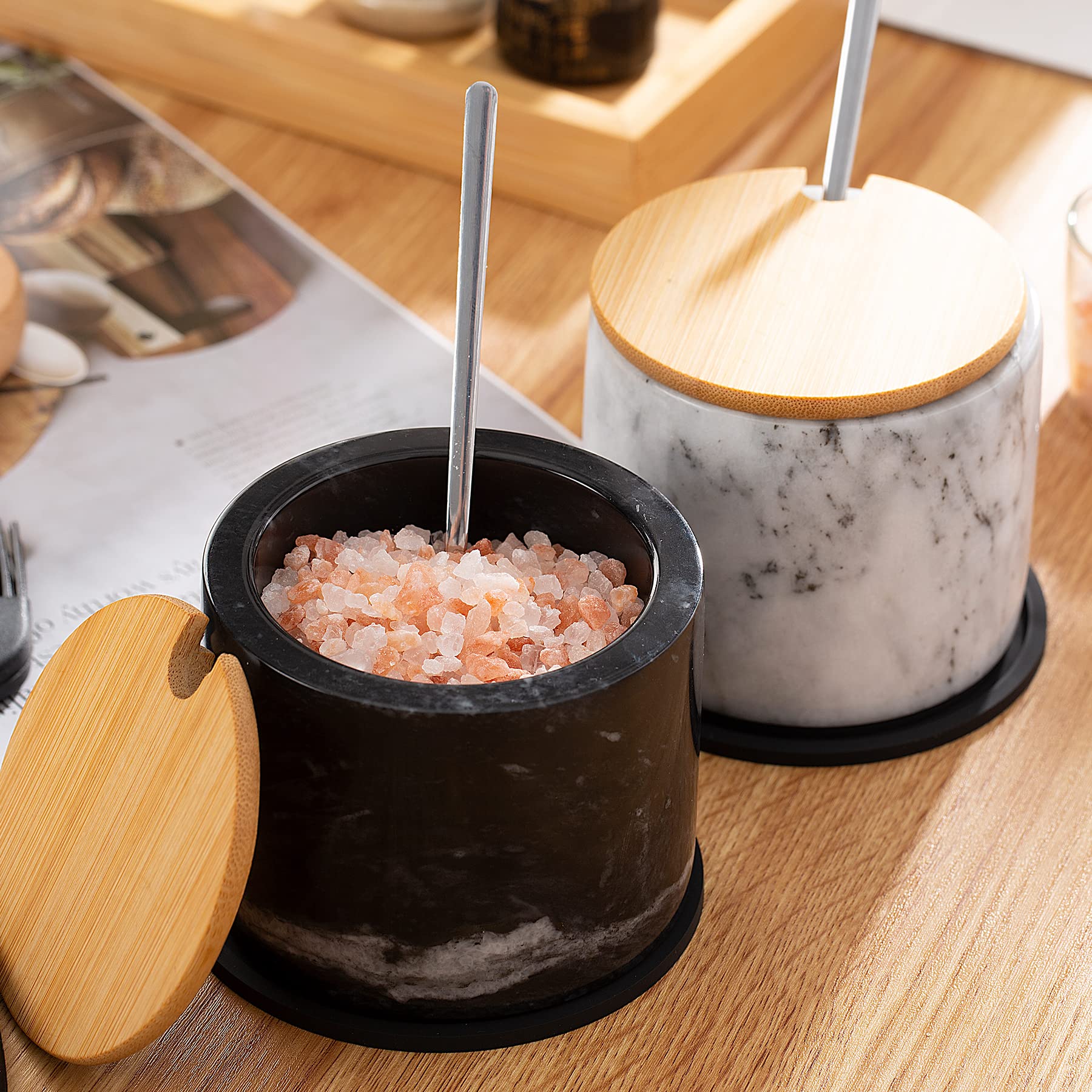 NHKRTE marble cellars styled on a dining table adding elegant finishing touch