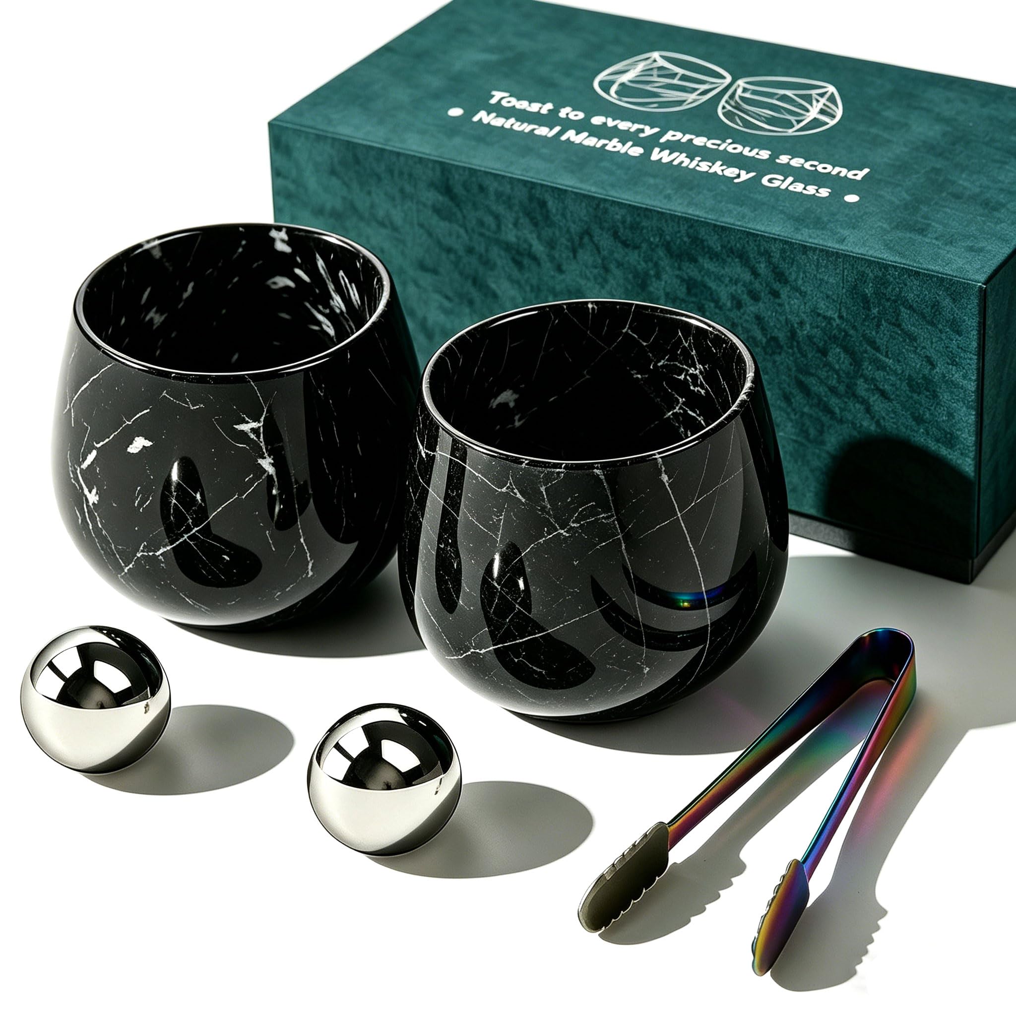 NHKRTE marble whiskey glasses front packaging showing premium gift box and set benefits