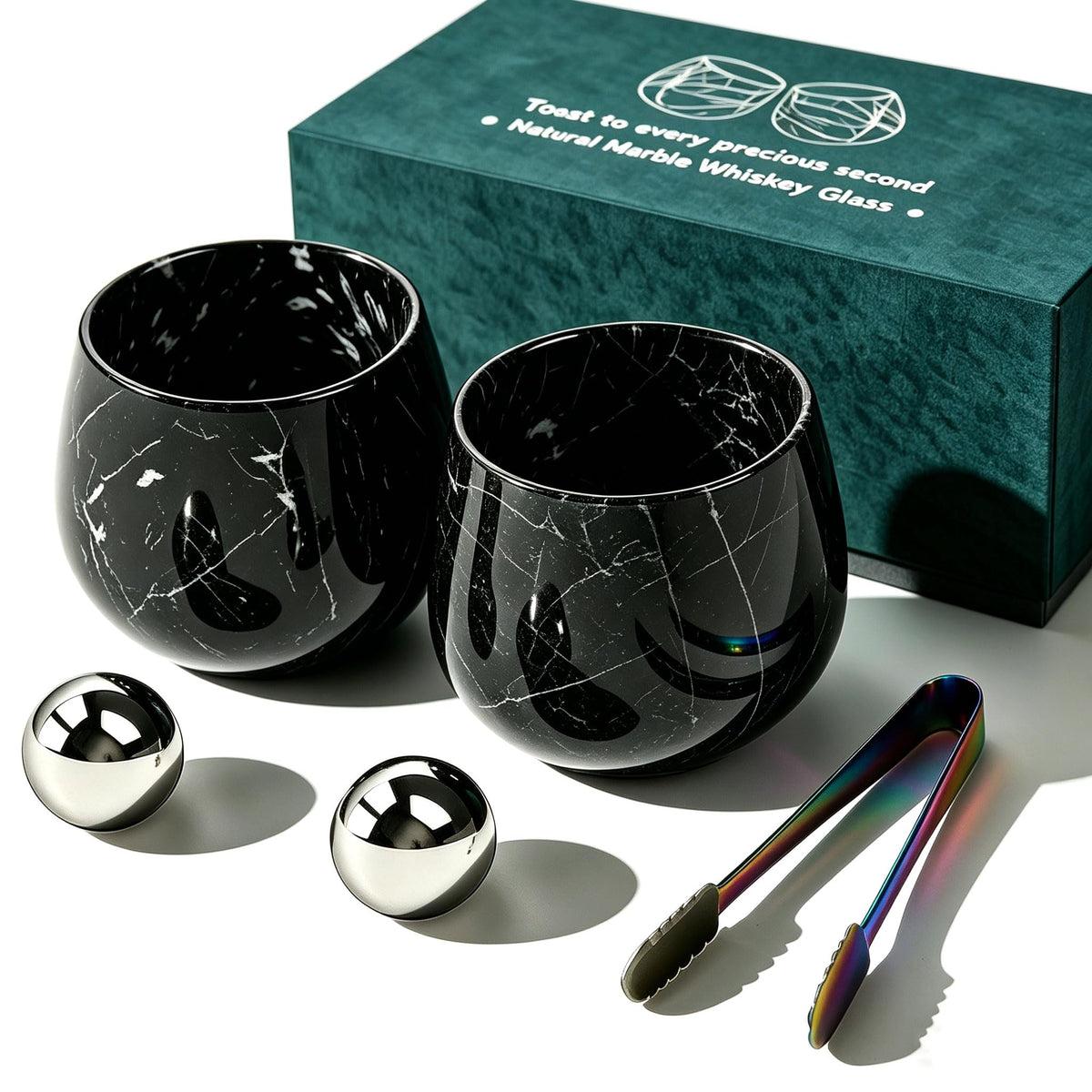 NHKRTE marble whiskey glasses front packaging showing premium gift box and set benefits