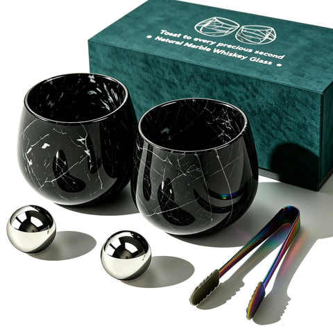 NHKRTE marble whiskey glasses front packaging showing premium gift box and set benefits