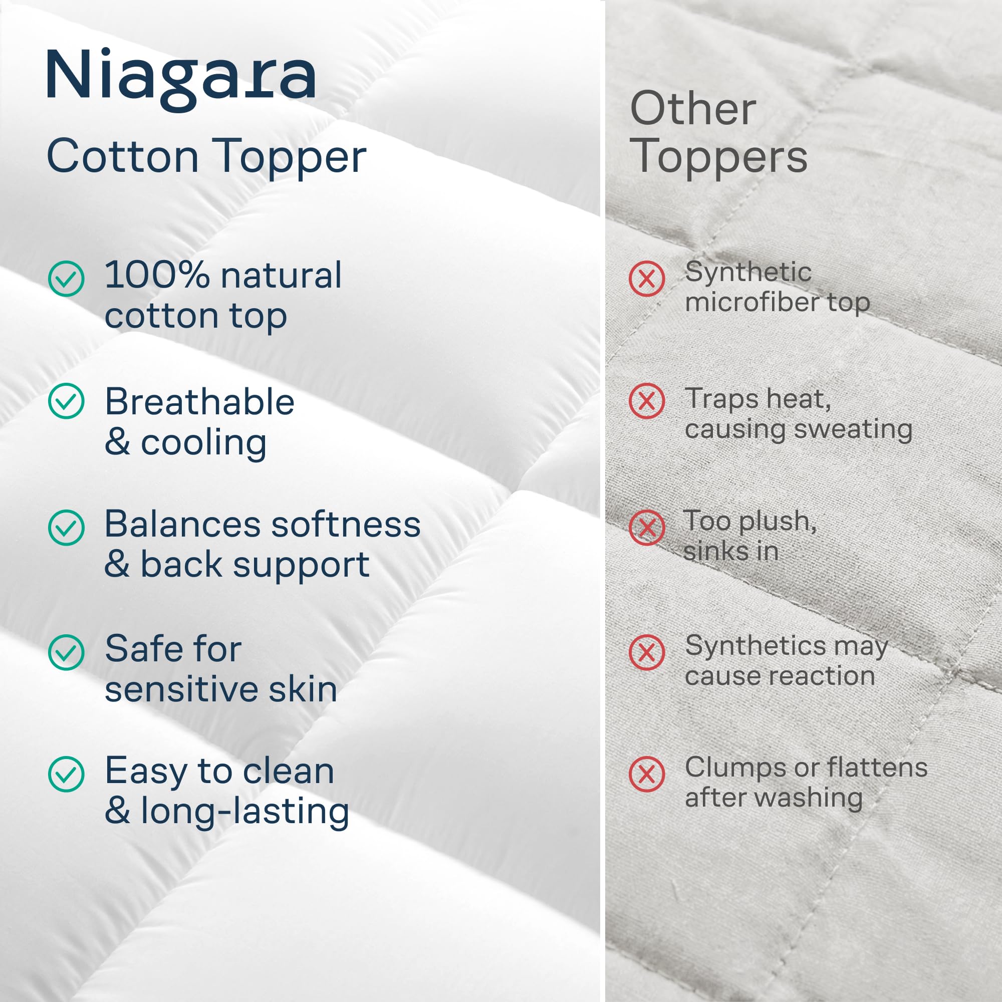Niagara Sleep Solution mattress topper on styled bed, enhances sleep surface comfort