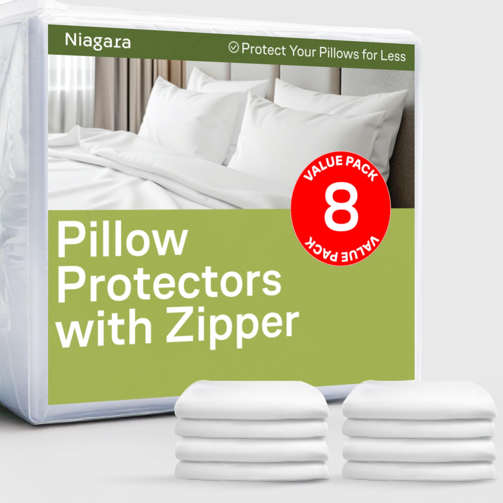 Niagara Sleep Solution front packaging showing eight queen pillow protectors and value