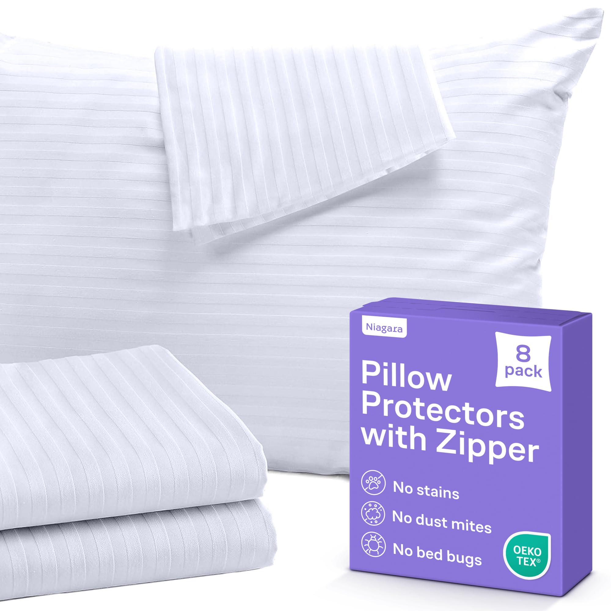 Niagara Sleep Solution front packaging shows four king pillow protectors, durable protection