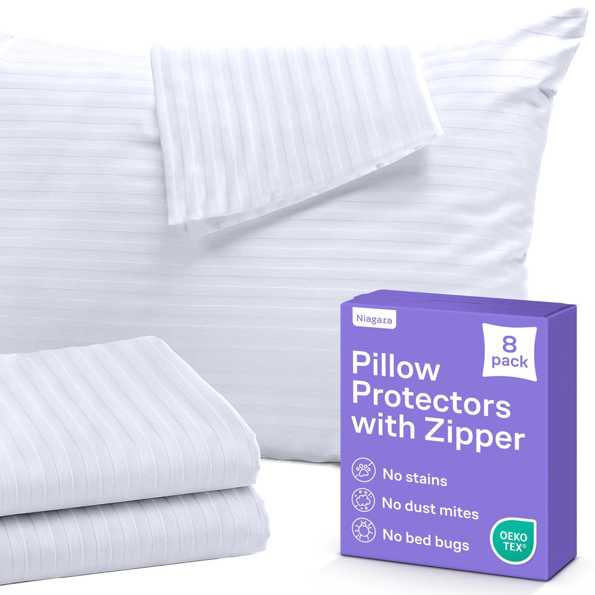 Niagara Sleep Solution front packaging shows four king pillow protectors, durable protection