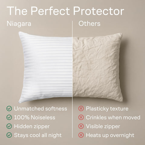 Niagara Sleep Solution lifestyle bedroom scene with covered pillow for cleaner sleep surface