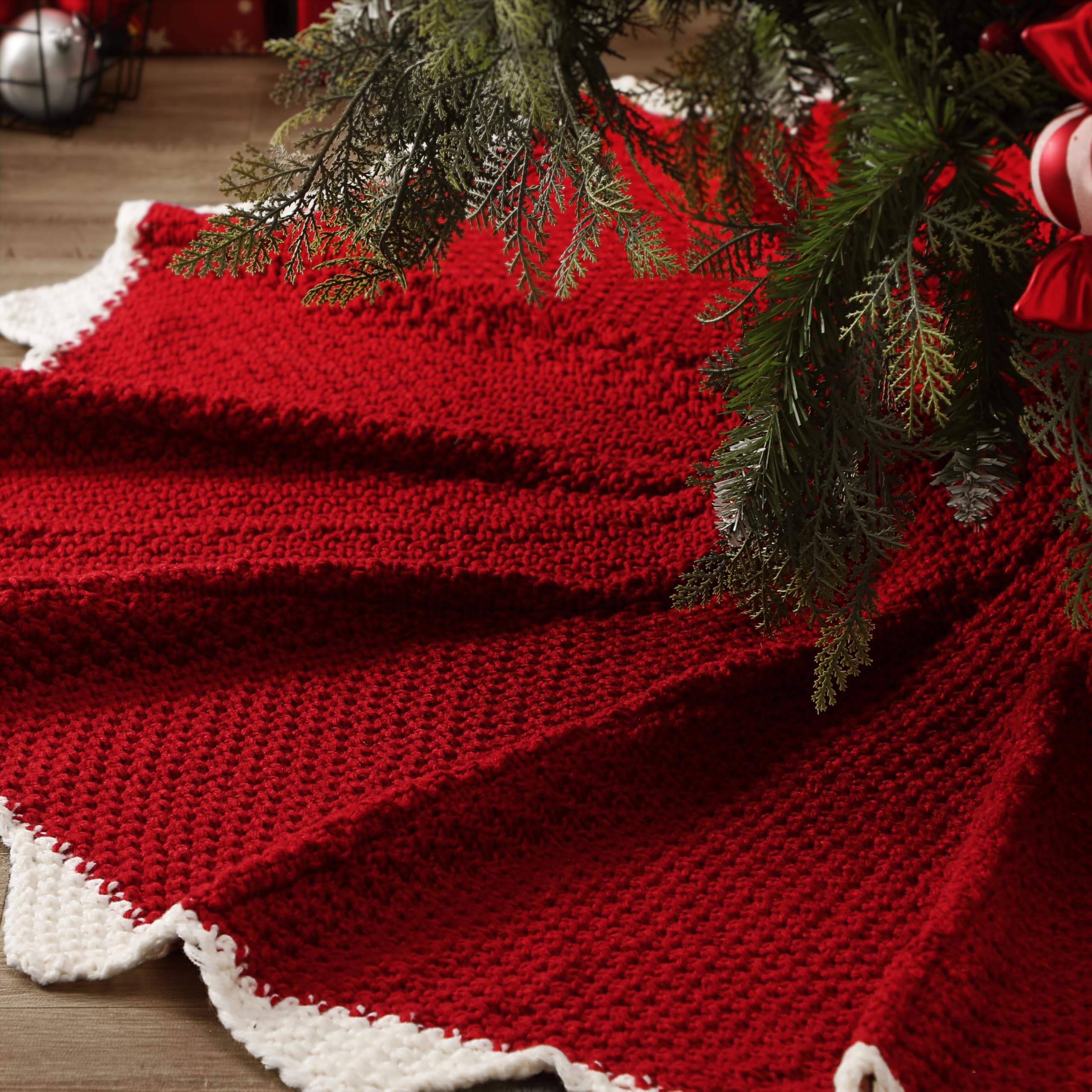 NIBESSER front view of red knit tree skirt showing full coverage and festive look