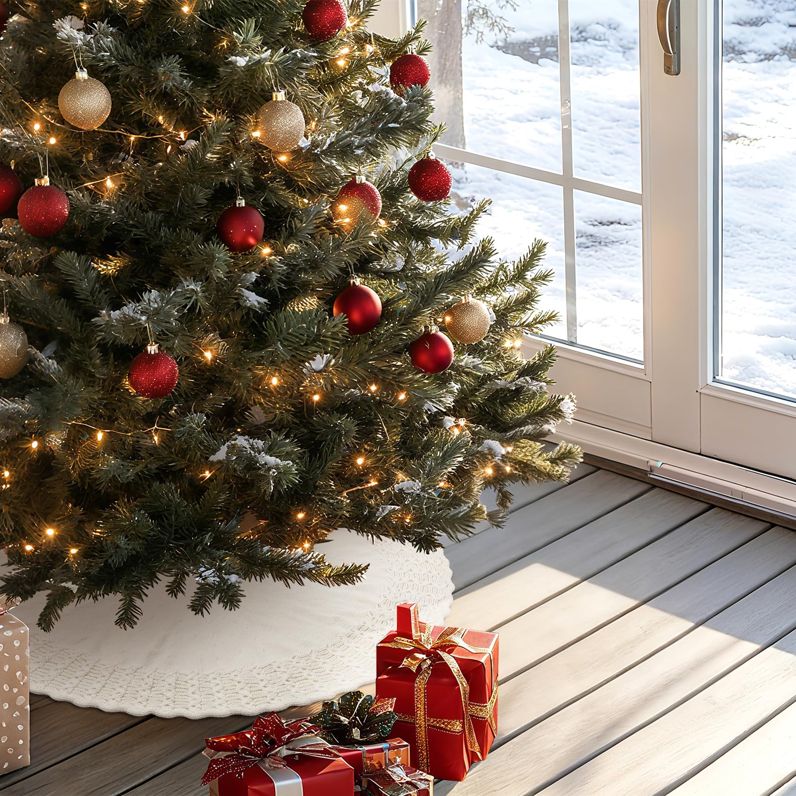 NIBESSER under-tree styling with gifts showing neat presentation and floor protection