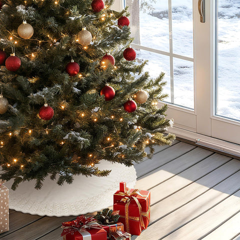 NIBESSER under-tree styling with gifts showing neat presentation and floor protection