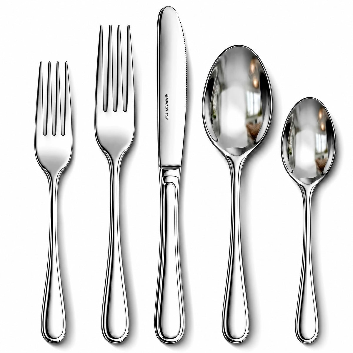 Nice Kitchen flatware front packaging showing full 40-piece set and reassurance
