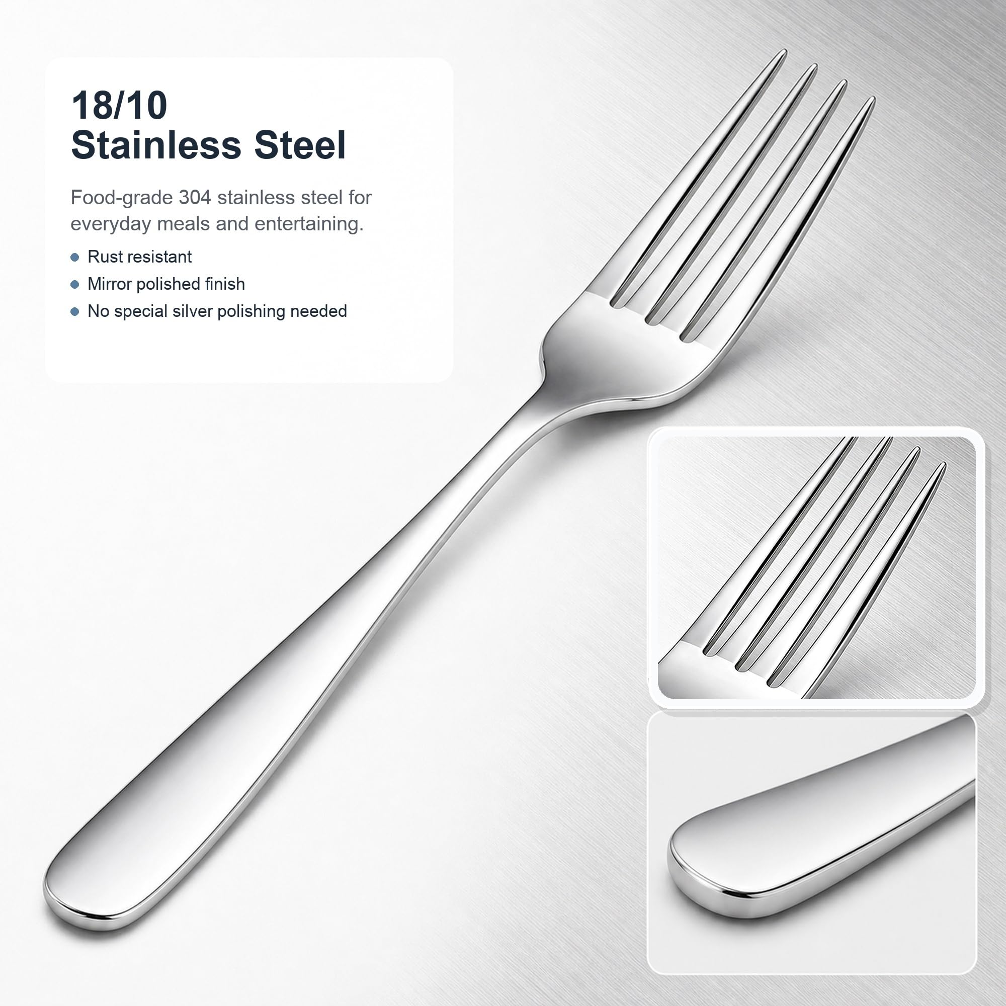 Nice Kitchen close-up of fork mirror polish highlighting smooth edges and easy food release