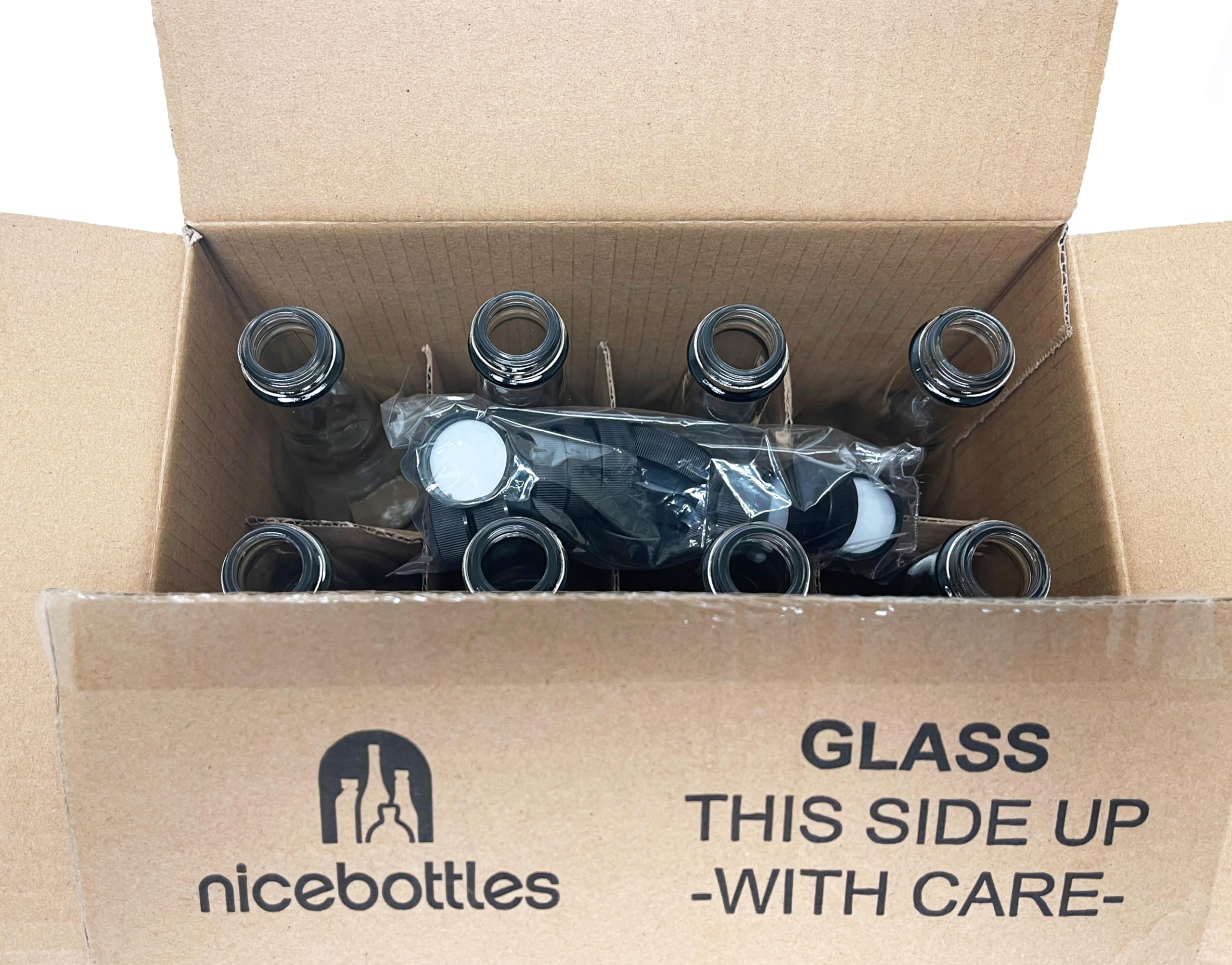 nicebottles bottle next to a 12 oz measure for scale showing accurate 375ml capacity