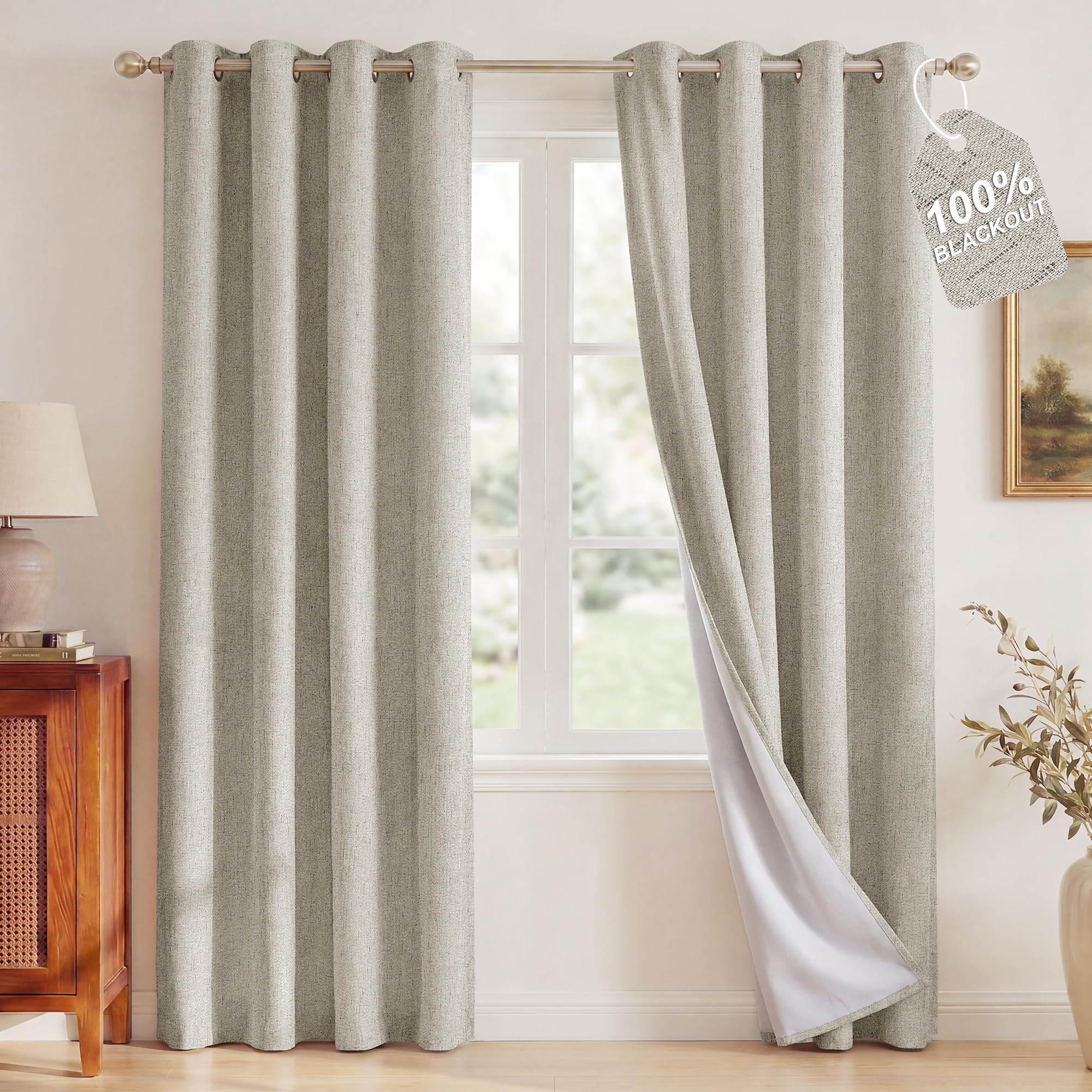 NICETOWN front view showing beige linen blackout panels and neat pleats