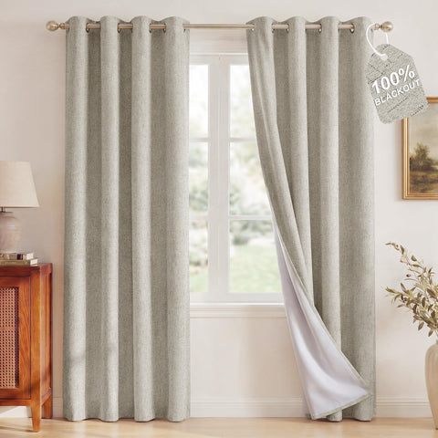 NICETOWN front view showing beige linen blackout panels and neat pleats