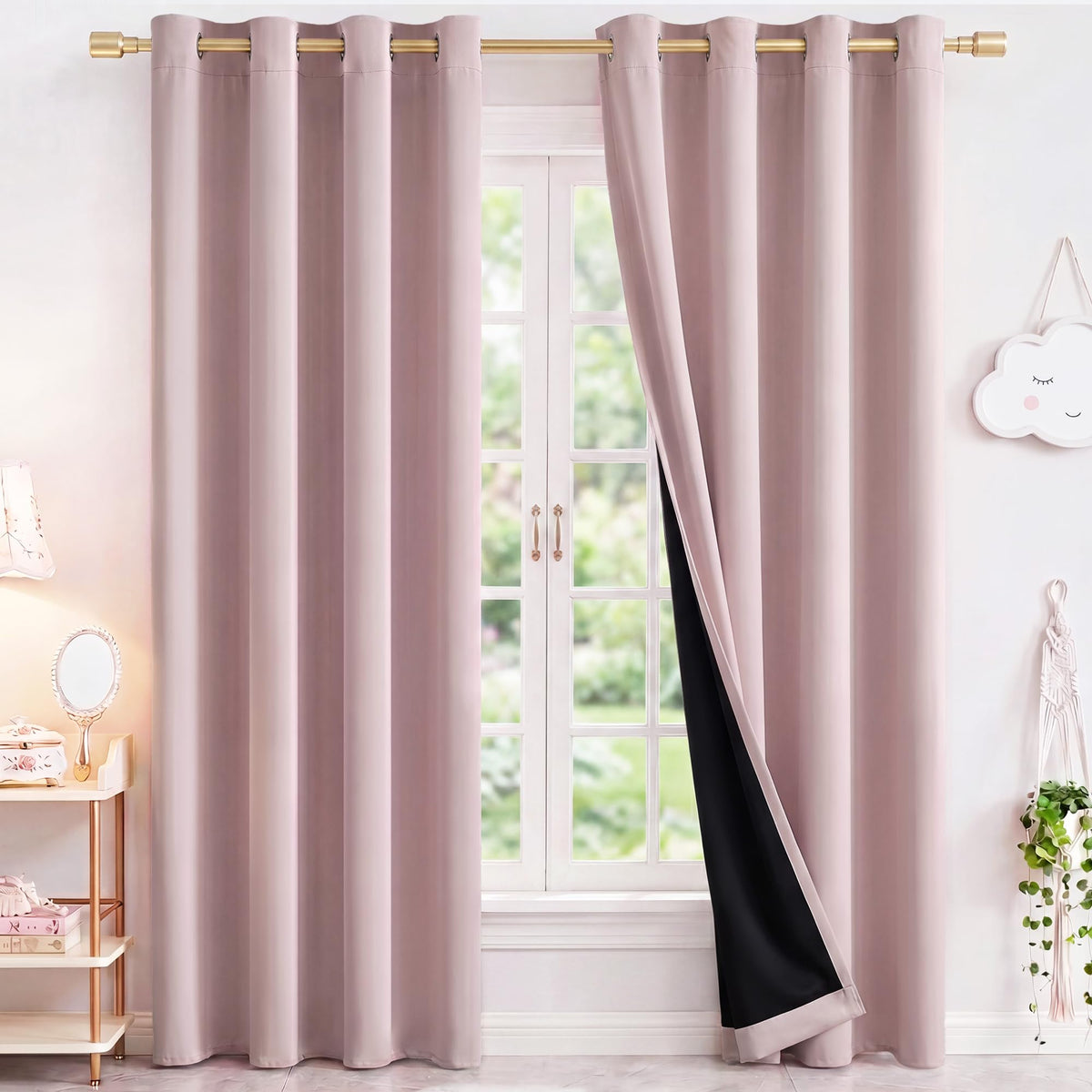 NICETOWN front view of blush pink blackout panels showing elegant drape and color