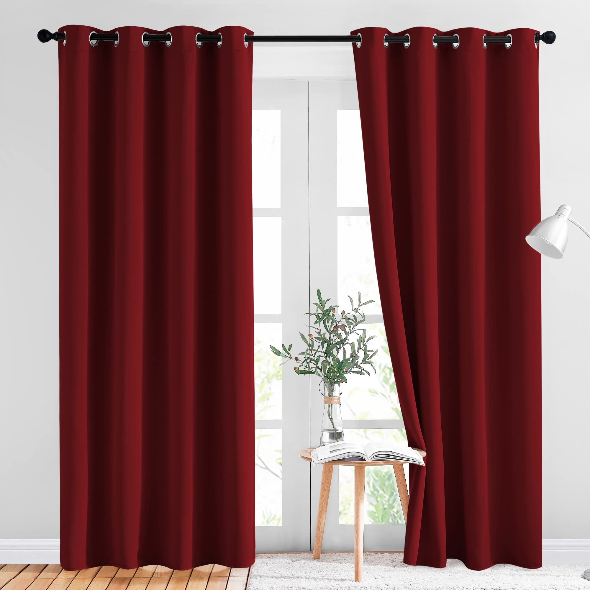 NICETOWN front view of burgundy curtains adding warm holiday ambiance