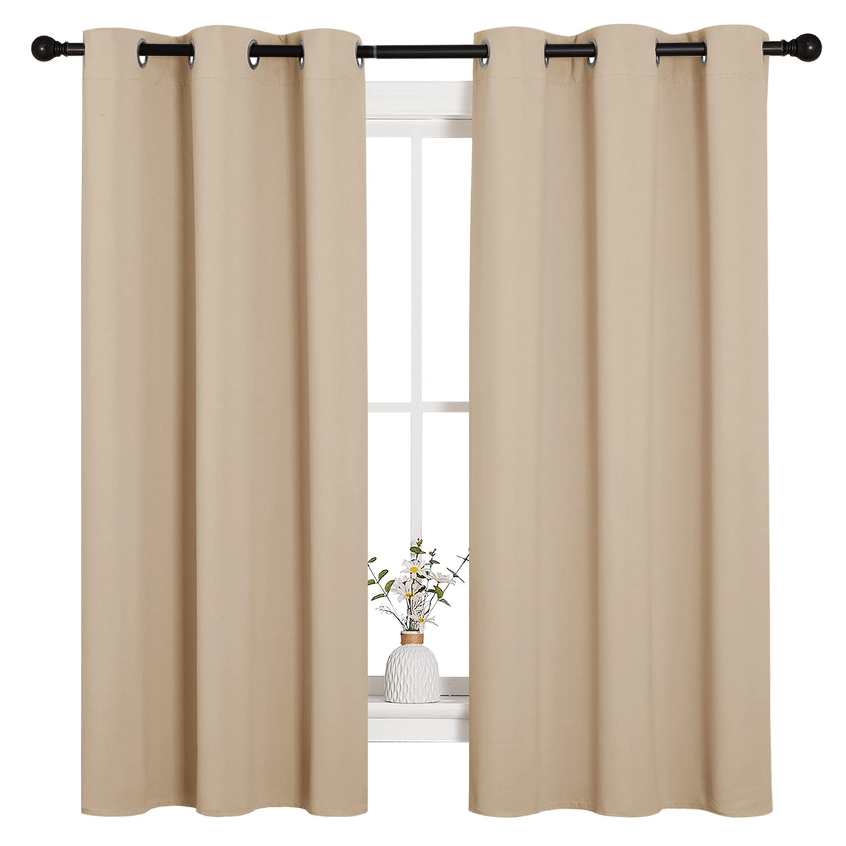 NICETOWN front view of two Biscotti Beige panels showing neat packaging and ready-to-hang convenience