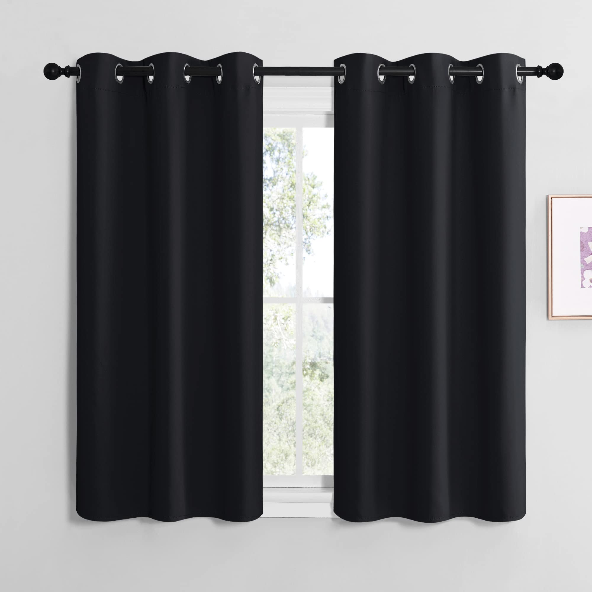 NICETOWN front view of two black grommet-top panels showing elegant finish and coverage