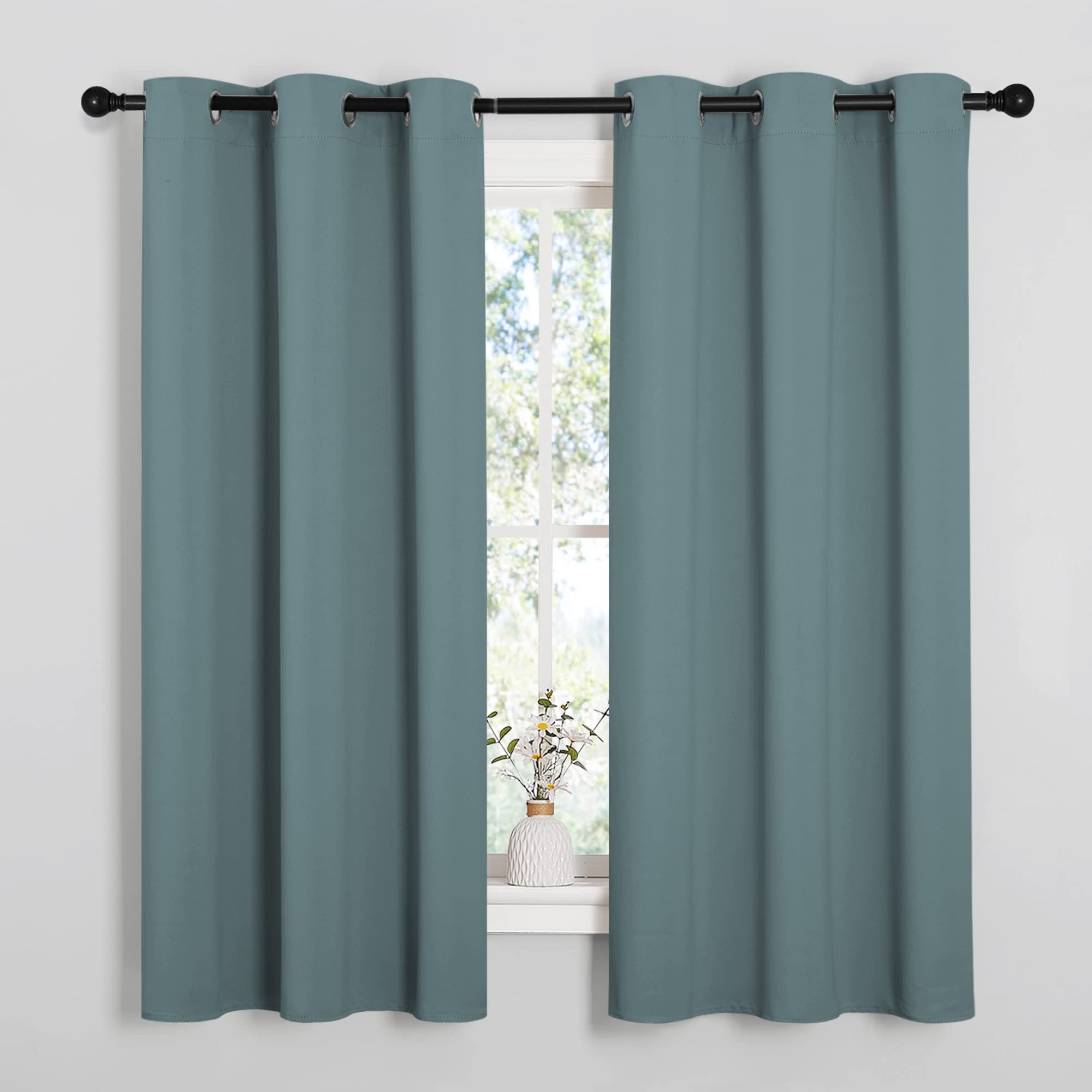 NICETOWN front view of greyish blue blackout curtain set showing ready-made look and coverage