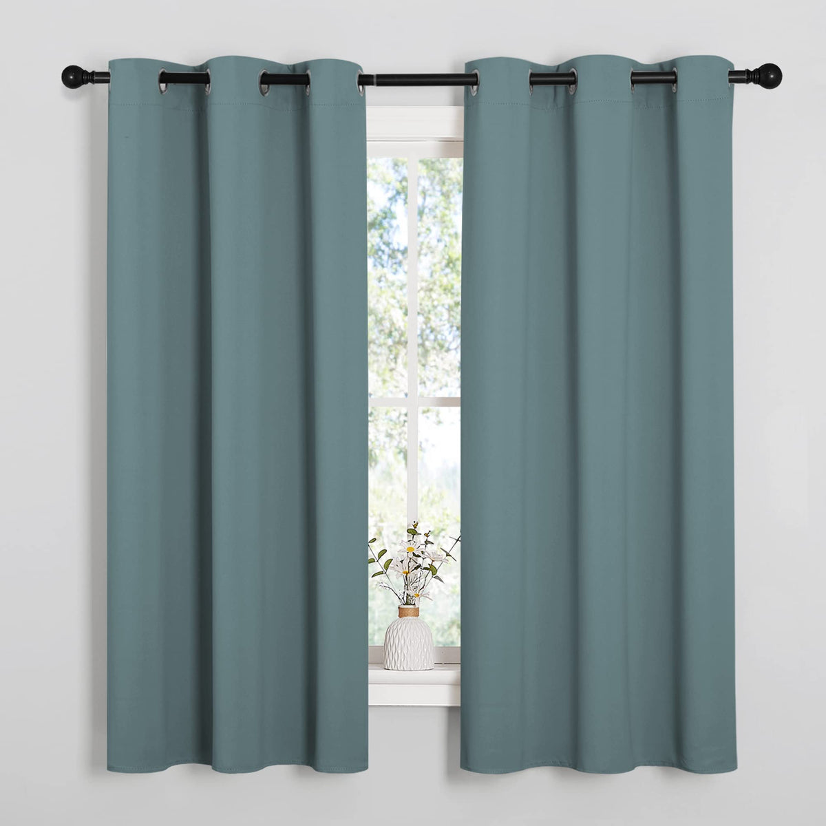 NICETOWN front view of greyish blue blackout curtain set showing ready-made look and coverage