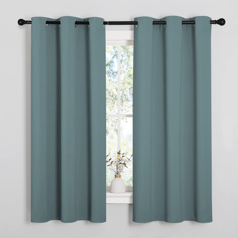 NICETOWN front view of greyish blue blackout curtain set showing ready-made look and coverage