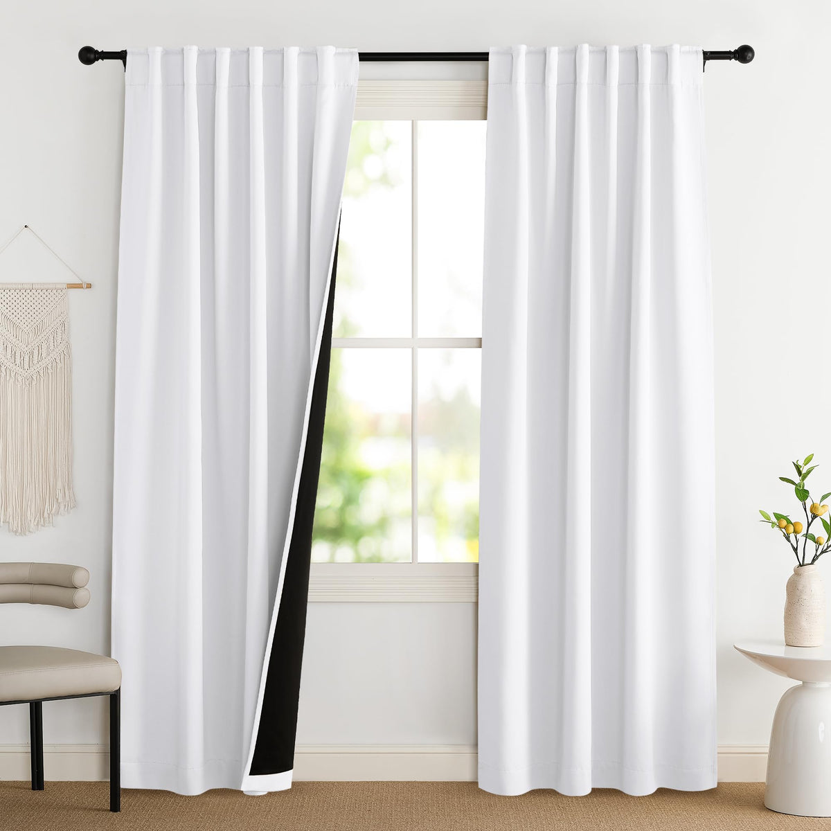 NICETOWN front view of pure white blackout curtain pair showing clean look and coverage
