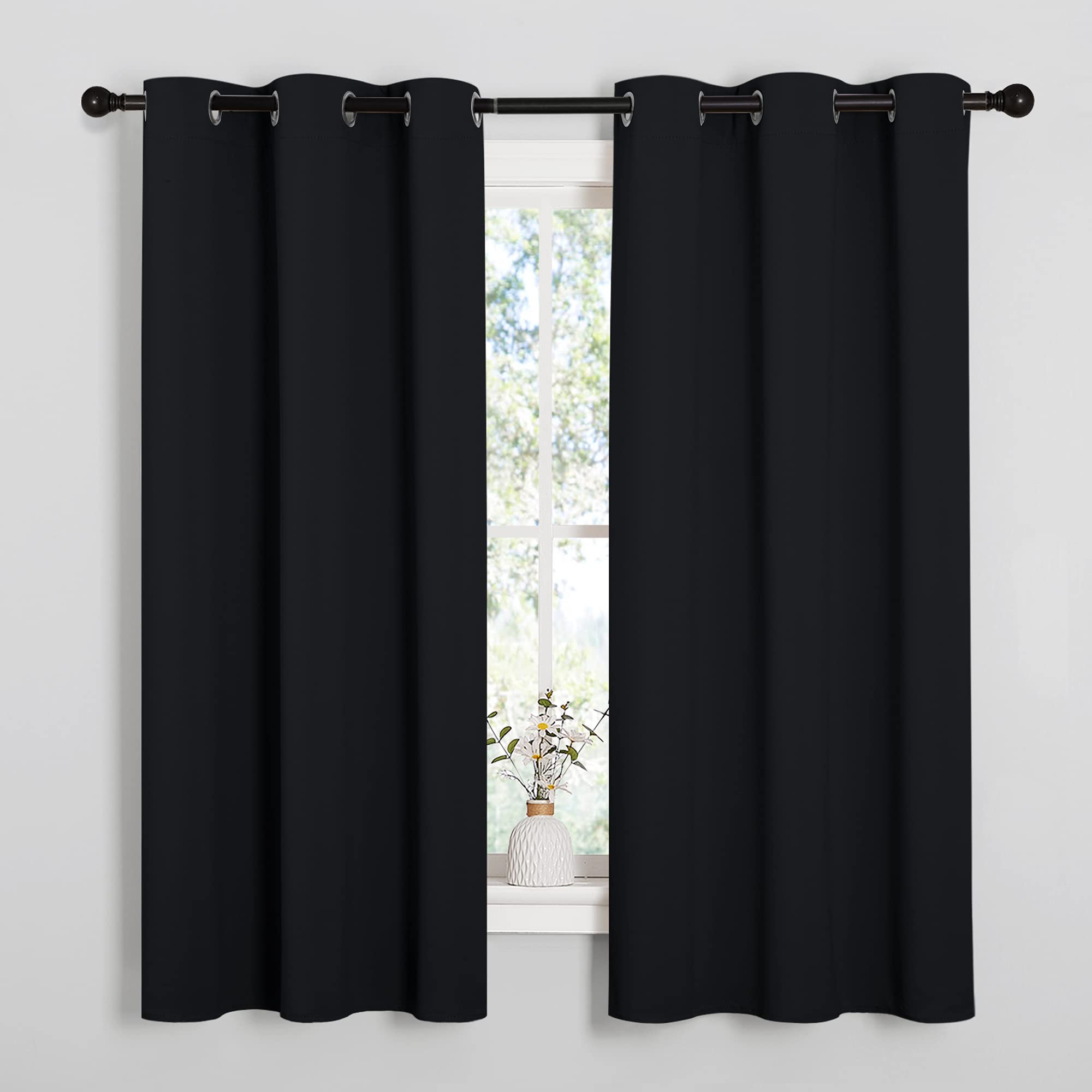 NICETOWN front view of two panels showing modern black grommet-top and full coverage