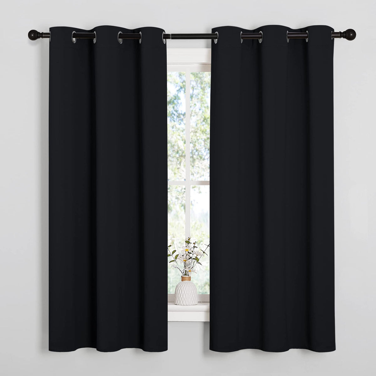 NICETOWN front view of two panels showing modern black grommet-top and full coverage