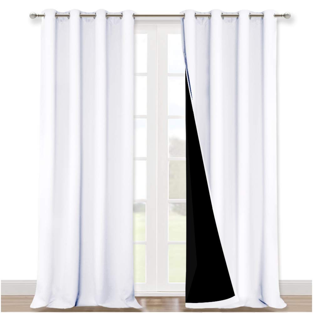 NICETOWN front view showing full white blackout panels and crisp drape benefit