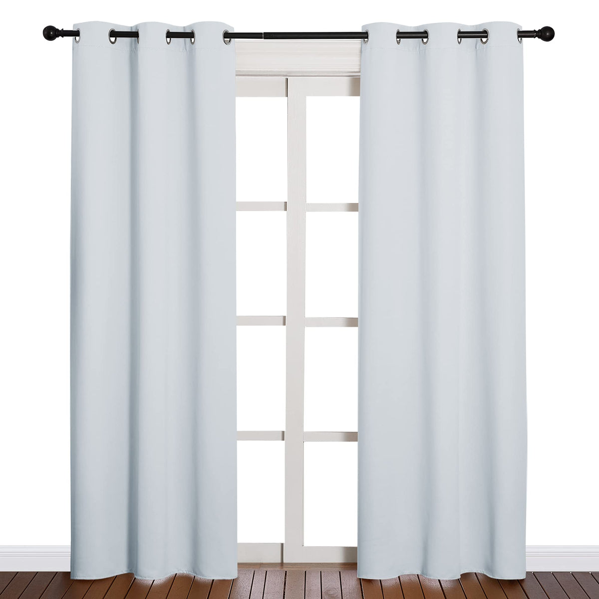 NICETOWN front view of light grey blackout curtains showing clean finish and coverage