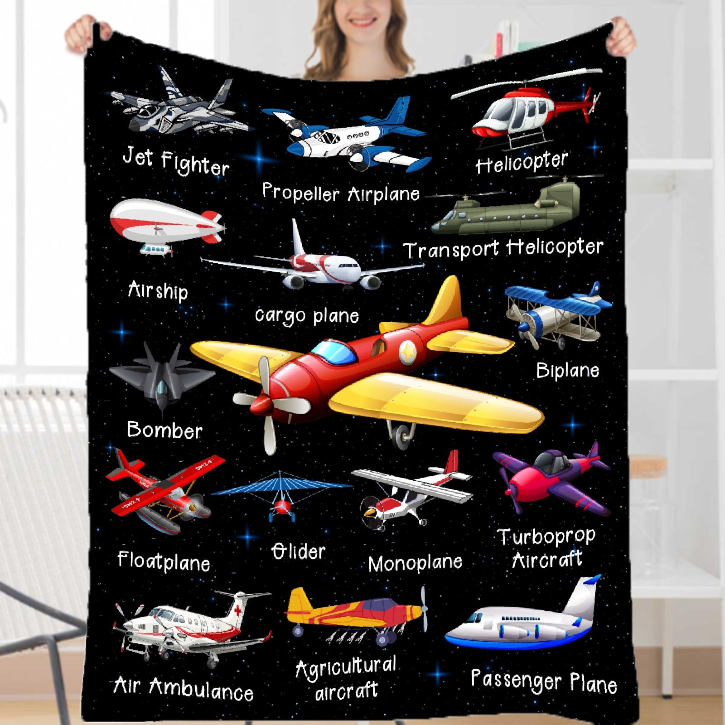 Nicine Quiz front view of airplane throw blanket showing design and size benefits