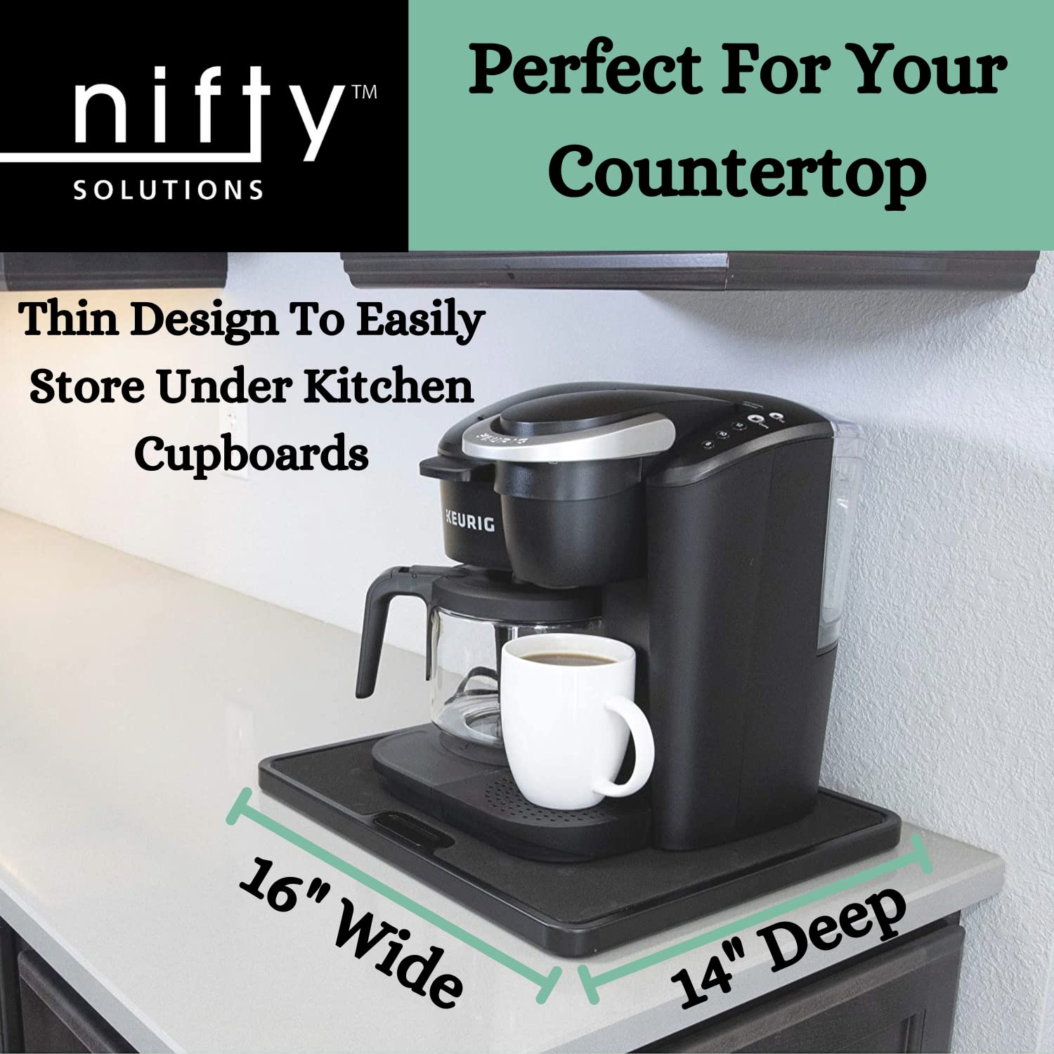 Nifty Solutions tray next to ruler showing 15 by 14 usable surface for sizing