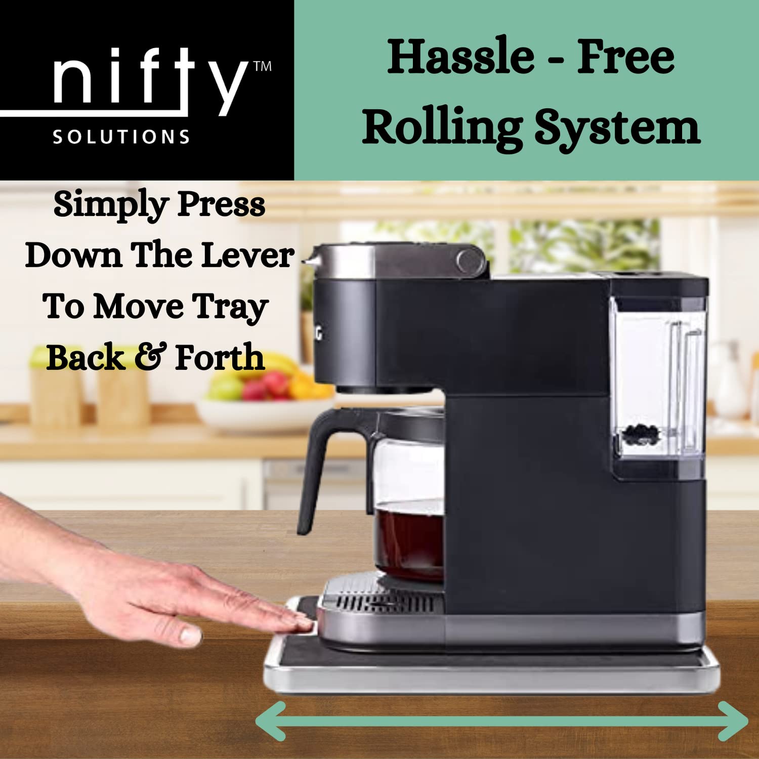 Nifty Solutions tray pulled out from under a cabinet for easy appliance reach