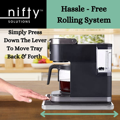 Nifty Solutions tray pulled out from under a cabinet for easy appliance reach