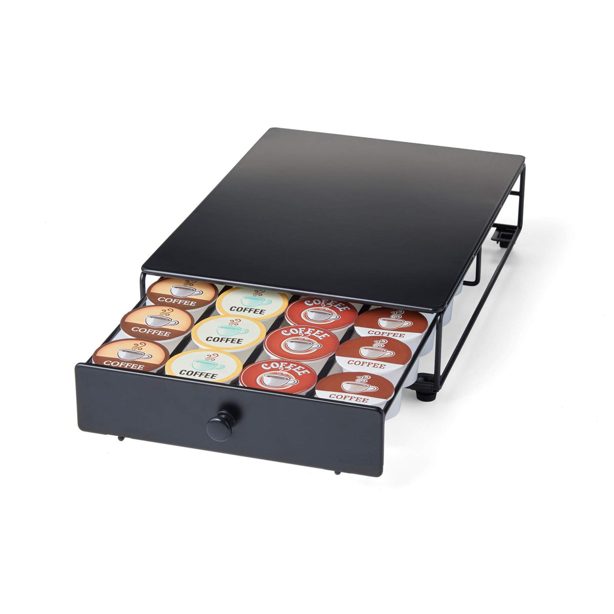 Nifty Solutions front view of black pod drawer showing neat storage benefit