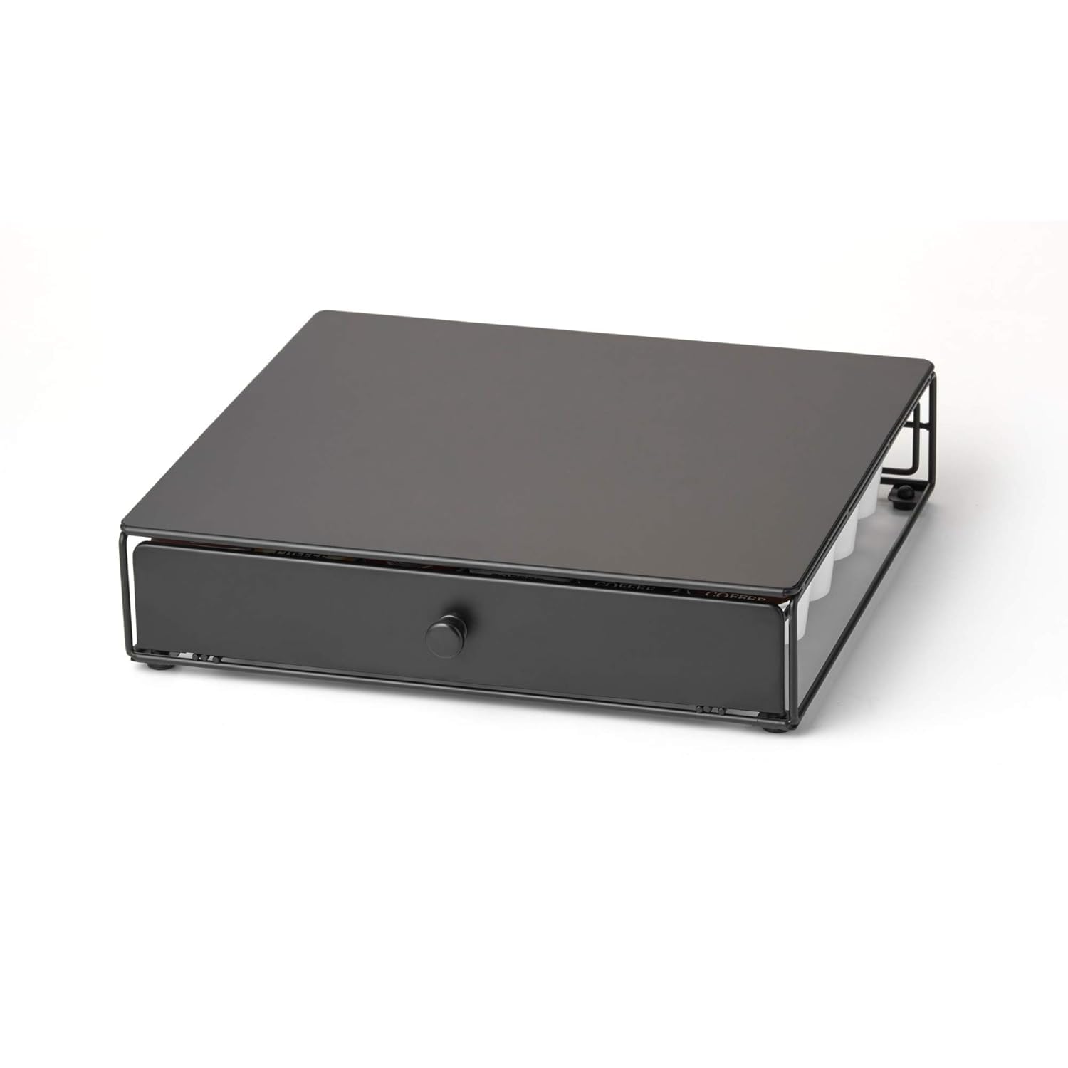 Nifty Solutions front view of black pod drawer showing organized pods and tidy counter benefit