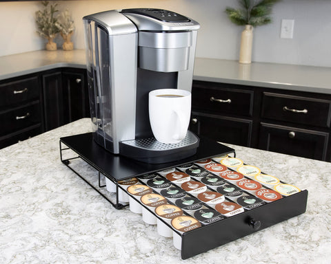 Nifty Solutions top view with coffee maker on drawer saving countertop space and adding stability