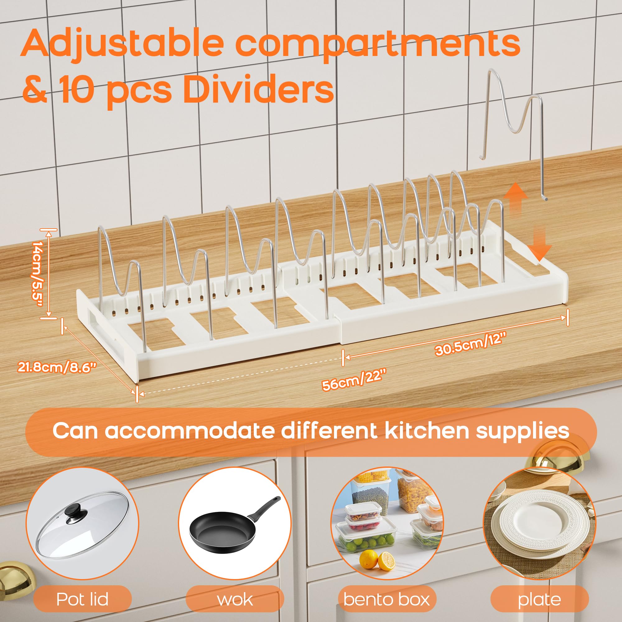 Nigelia countertop display holding lids and bakeware for tidy storage